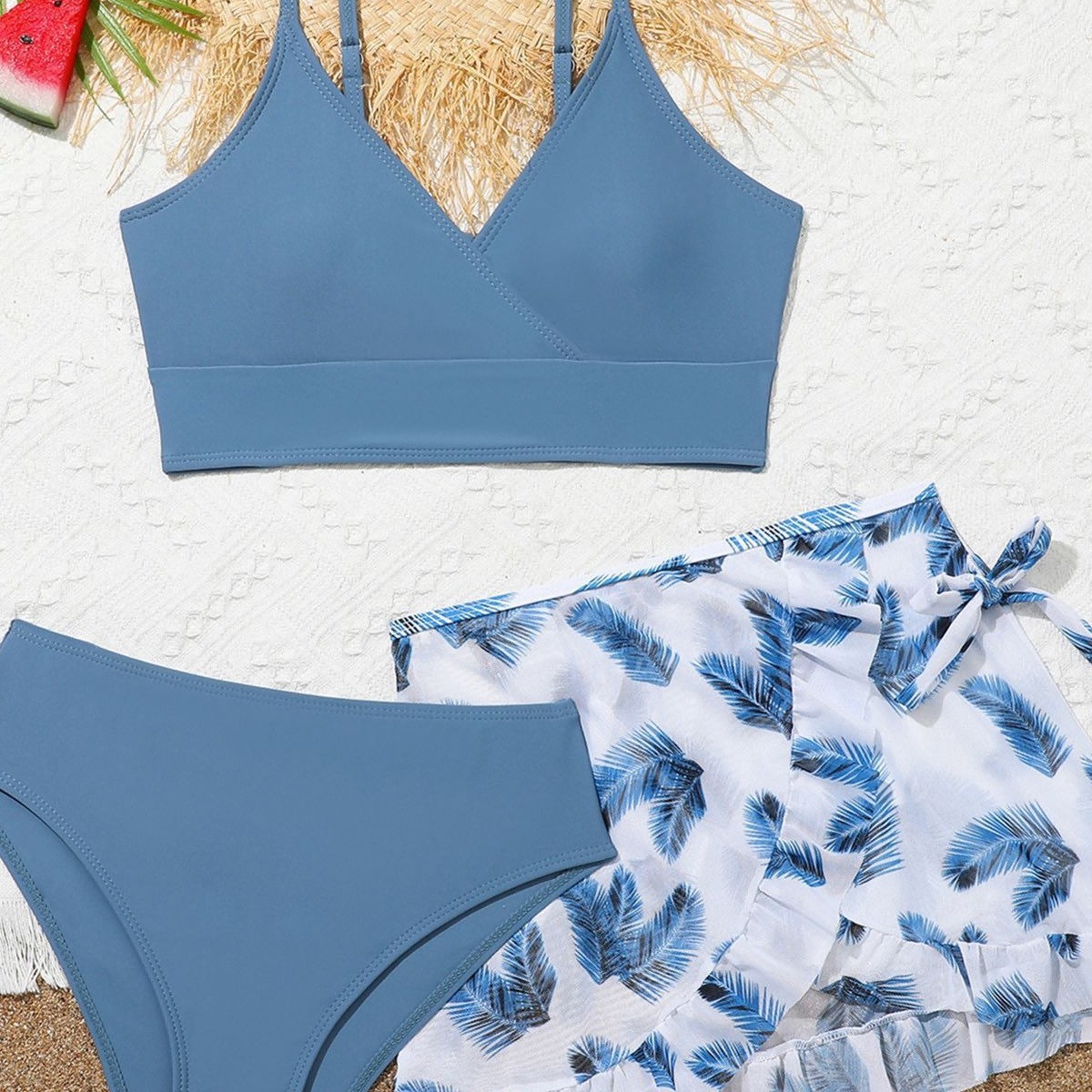 2024 New Children's Swimsuit Amazon AliExpress Cute Premium Split Three Piece Feather Children's Swimsuit