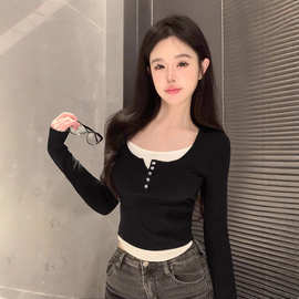 假两件撞色T恤女春季小个子辣妹内搭短款修身显瘦长袖打底衫上衣