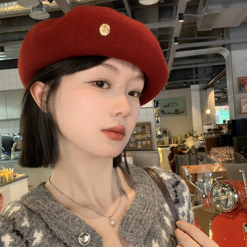 日系复古毛呢红色云朵贝雷帽女大头围显脸小气质文艺百搭画家帽子|undefined