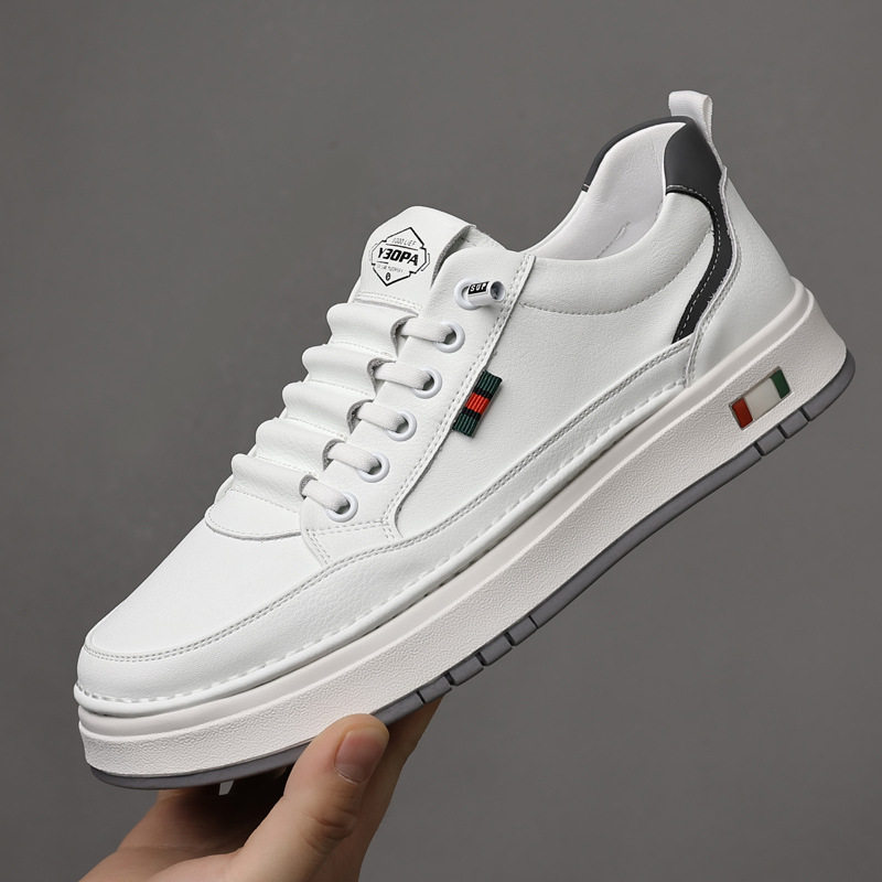 Giày da nam cổ thấp đế bằng, sneaker da bò mũi tròn phối dây thun, đế mềm thoáng khí — PZ7775 Màu nâu, PZ7775 màu be, PZ7775 màu trắng, PZ7775 màu đen