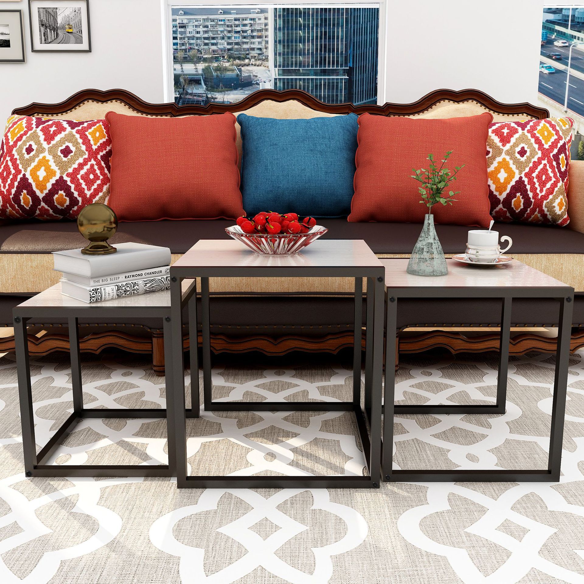 Estadounidense simple acero y madera cuadrada de tres piezas, mesas de sala de estar, mesas laterales modernas multifuncionales, mesas de té