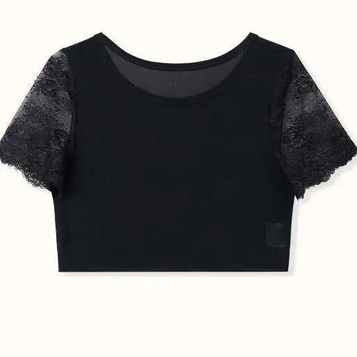 Lace Splicing Round Neck Short-Sleeved T-Shirt for Women, New Summer Style Slimming Inner Layering Shirt, Black and White Mesh Top Lace Splicing Round Neck Short-Sleeved T-Shirt for Women, New Summer Style Slimming Inner Layering Shirt, Black and White Mesh Top