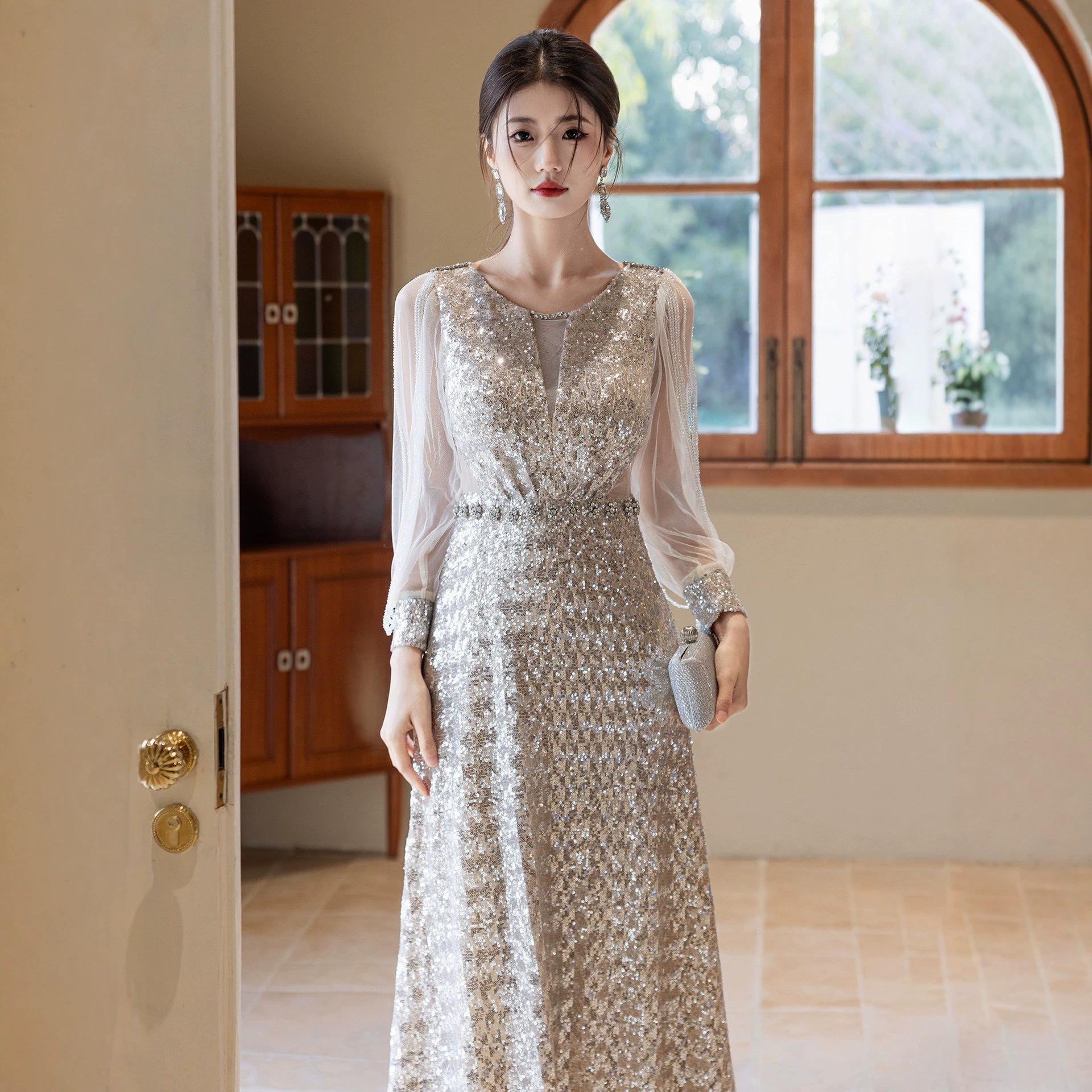 Elegant Sequined Fishtail Evening Dress For Women Slim Fit Wedding Party Wear_ecoleips.com