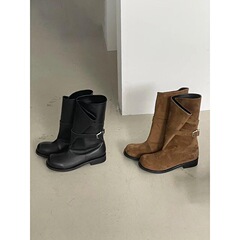 牛皮版~2025新款小众宽筒西部牛仔靴女粗跟真皮机车骑士靴马丁靴