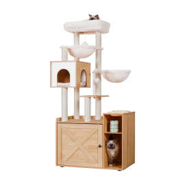 跨境实木猫爬架剑麻猫抓柱猫窝柜树屋一体多层豪华别墅跳台带餐盘