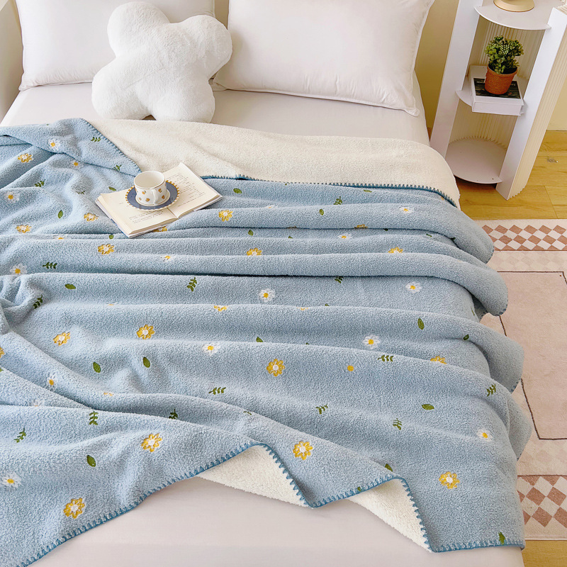 Small Fresh Style Cloud Velvet Embroidered Blanket Office Nap Blanket Multifunctional Lamb Velvet Shawl Blanket Manufacturer