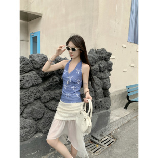 Blue Bow Print Camisole Lace Stitching Mesh Skirt Two-Piece Set