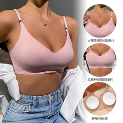 クロスボーダーシームレスVネック貧乳拡大下着ノーランニングカップ薄型スタイルレディーススチールリムなし垂れ防止プッシュアップブラジャー女性用