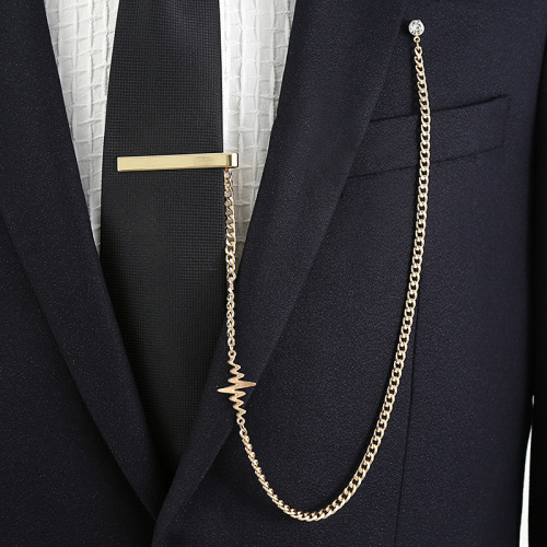 Fashionable tie clip long chain formal suit men's gold silver collar clip rudder electrocardiogram bear clip