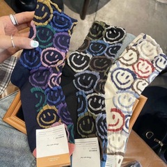 Bubble Smile Pattern Crew Socks for Women, New Ins-style Trendy All-Match Streetwear Long Socks Inspired by Internet Celebrities
