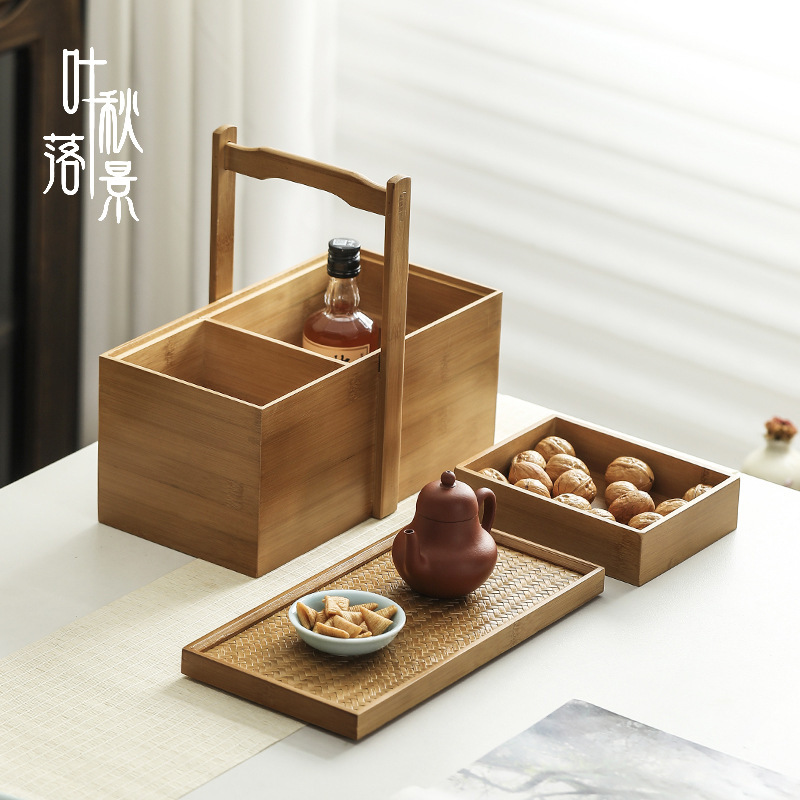 竹木新款复古提篮三层便携式茶具收纳盒食盒托手提新中式茶道篮子|undefined