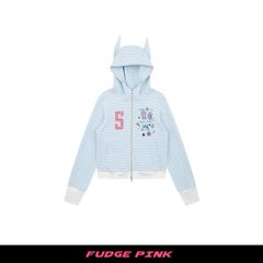Fudge Pink 25秋季新品甜美少女趣味图案条纹连帽卫衣开衫