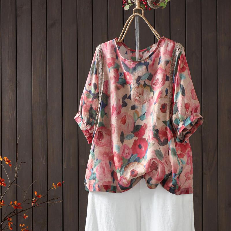 Lace Trim Patchwork Printed Short-Sleeve Shirt 2026 Summer New Style Lightweight Versatile Top 81756