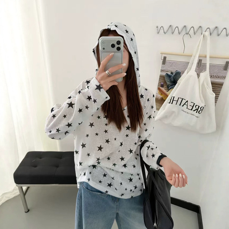Korean-Style Full-Print Star Thin Hooded Sun-Protective Cover-Up, New Summer Loose Versatile Top for Women, Direct from the Factory