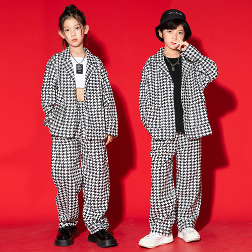 Plaid Hip hop street dance costumes for kids rapper singers gogo dance outfits for boys girls hiphop gogo dancers drumming performance jazz dance clothing