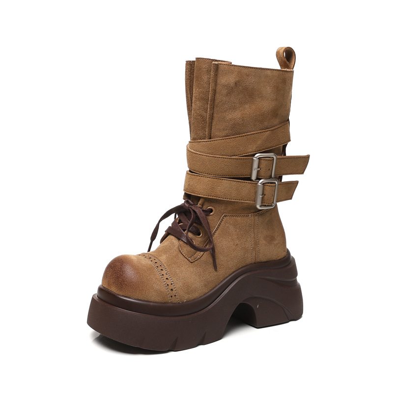 Giày boot nữ đế dày nâng chiều cao phong cách retro, khóa thắt lưng — đen