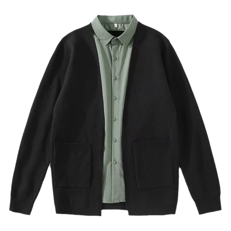 Fake two-piece knitted cardigan men's winter Korean style fashionable all-match stitching shirt collar coat men's black sweater fashion brand
