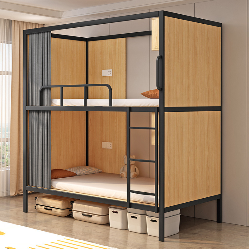Cama tipo cápsula espacial, apartamento cápsula tipo hostal, cama de dos pisos, combinación de acero y madera, dormitorio de hotel, diseño de cápsula espacial