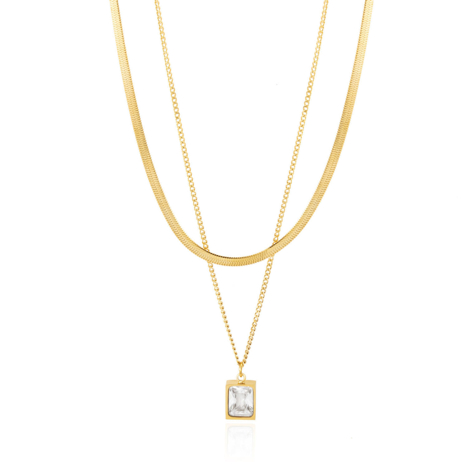 304 Stainless Steel 18K Gold Plated Simple Style Commute Plating Inlay Rectangle Artificial Rhinestones Layered Necklaces display picture 1