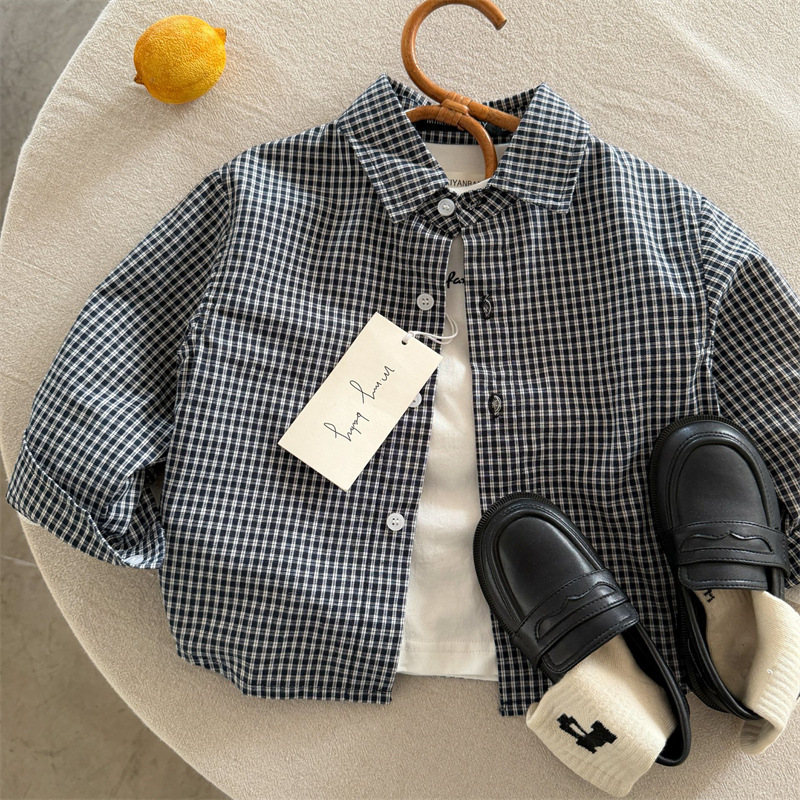 Children's Shirts 2026 New Spring Collection Boys and Girls Houndstooth Shirt Baby Korean Style Shirt Jacket Trendy