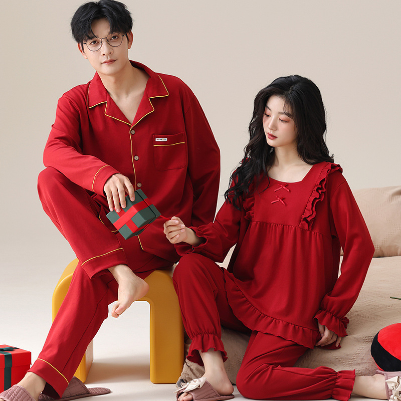 Wedding Year Newlywed Couple Pajamas suit Men's Spring and Autumn Cotton Long Sleeve Red Festive Women's Home Clothes