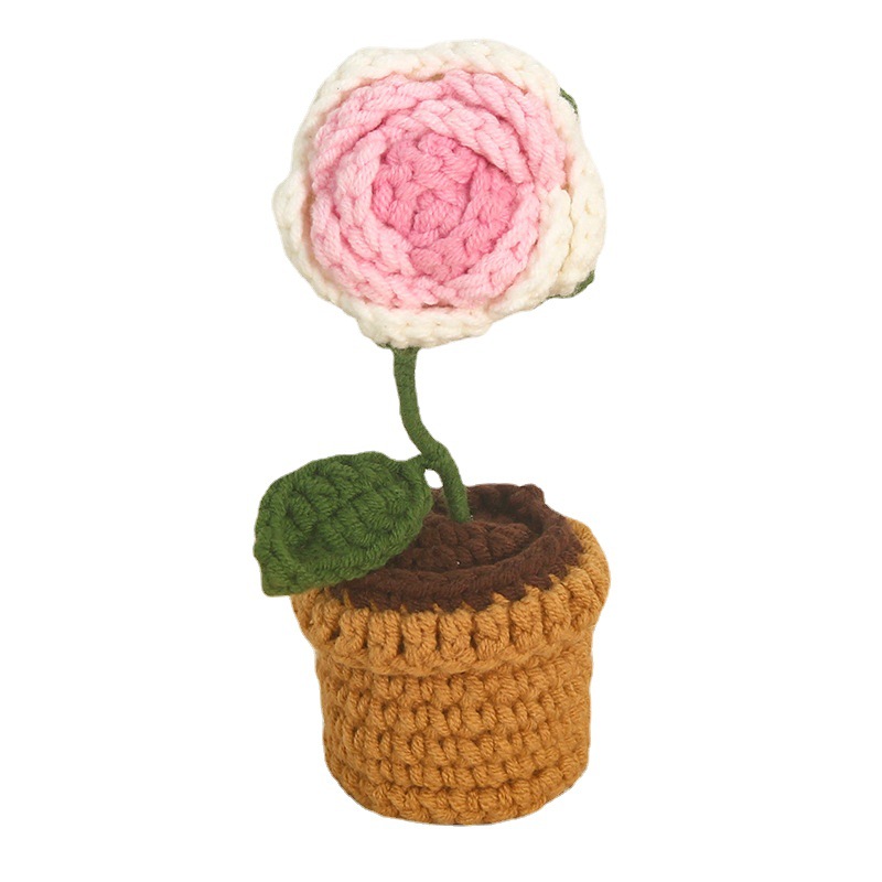 Tejido a mano DIY Rosa girasol maceta ramo de lana de ganchillo acabado hecho en casa decoración del coche regalo
