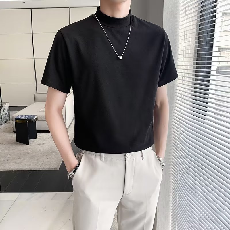 가벼운 성숙한 스타일 세미 하이 칼라 티셔츠 남성용 반팔 여름 새로운 유행 청소년 캐주얼 베이스 셔츠 유행 브랜드 내부 의류