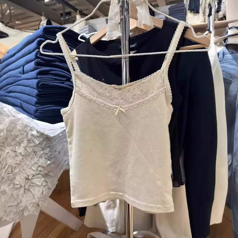 BM Style Women's Summer Beige Lace Bow Suspender Design Sexy Suspender Women's Inner Vest Top