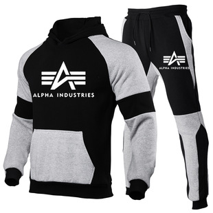 2024 New Export Fashion Spring & Fall Style Spliced ​​Velvet Men's Sweatshirt Suit Trendyy Printed Sports Hooded Suit
