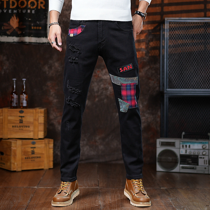 Hong Kong Style Designer Classy European Men's Jeans Black Stitching Ripped Patches Slim Fit Autumn and Winter Casual Trendy Brand