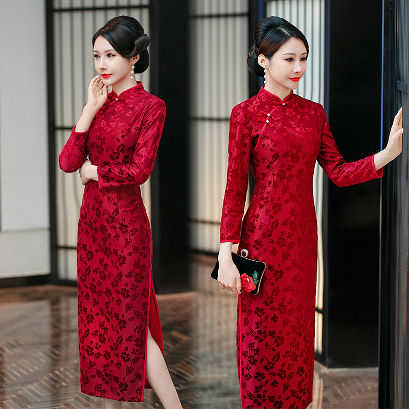 붉은 청삼 신부 결혼식 파티 원피스 슬림핏 높은 허리 중간 원피스 기지 원피스 중년 여성 원피스