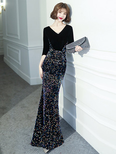 Host dress women's fishtail dress light luxury banquet evening dress light luxury niche light luxury black sequined dress