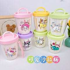 フルーツカップ、便利な水切り可能なフォーク付き漫画朝食サラダカップ、ピクニック用フルーツカップ、オートミールカップ