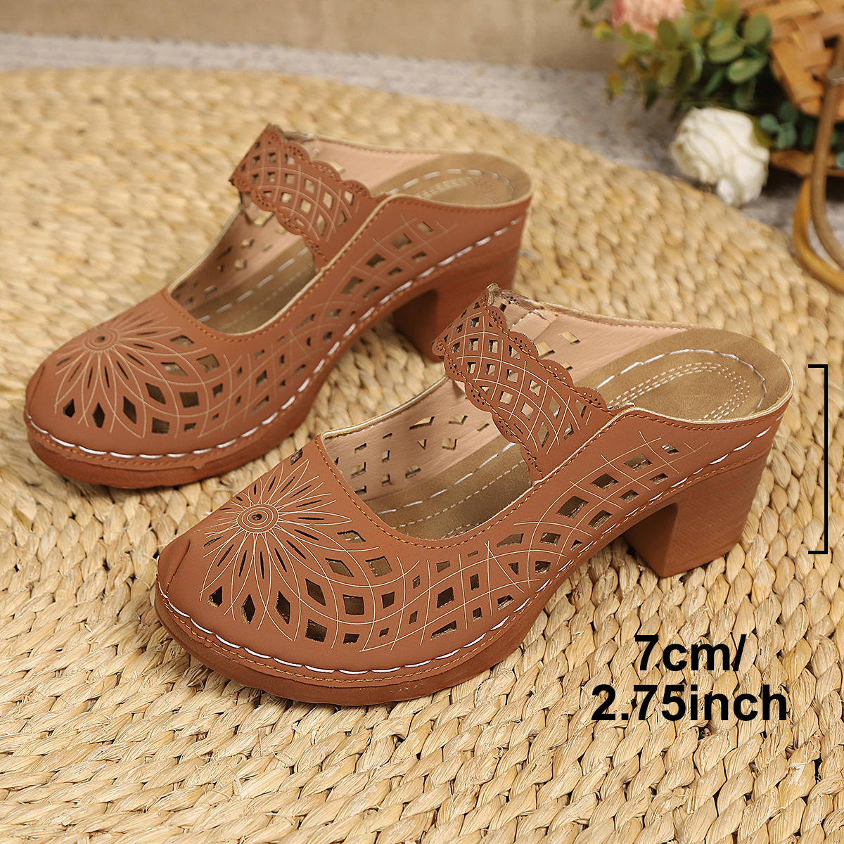 Elegant Hollow out mid Heel Sandals for Women Chunky Heel Slip-On Closed Toe Slippers plus Size Summer New Style_vogvips.com