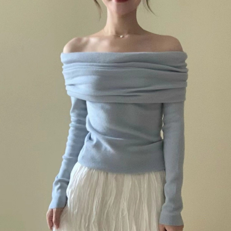 French Gentle Style One-Shoulder Knitwear for Women 2024 Spring New Outer Wear Slim Off-Shoulder Soft Waxy Pullover Top