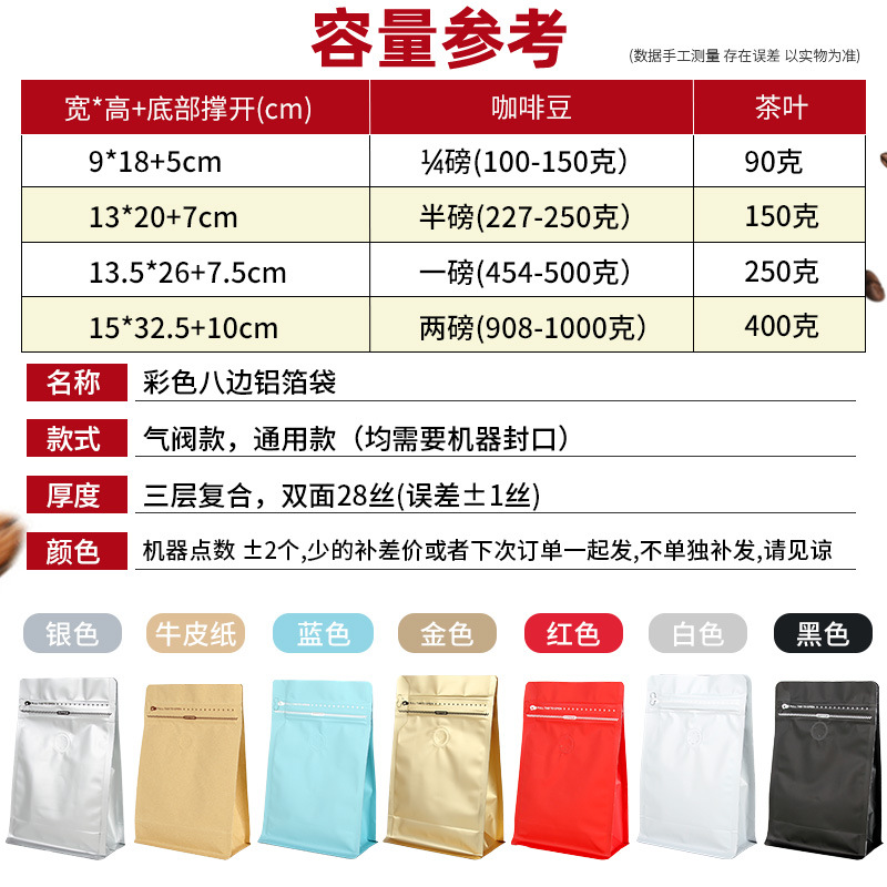 Grano de café ziplock bolsa de ocho lados sellado bolsa de papel de aluminio gato y perro comida té con válvula de aire de color bolsa de envasado de alimentos envío gratis