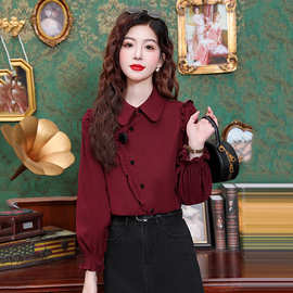 设计感红色长袖衬衫2025春季新款木耳边上衣女显瘦高级感内搭小衫