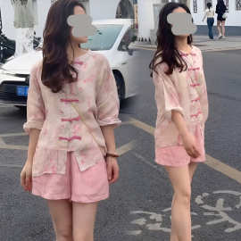 2026夏季儿童新中式套装盘扣童装衬衫亲子穿搭套装粉色女宝两件套
