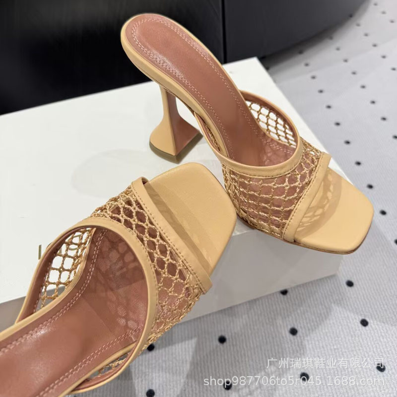 2025夏季新款羊皮网面欧美简约露趾方头时尚气质细跟高跟凉拖鞋女