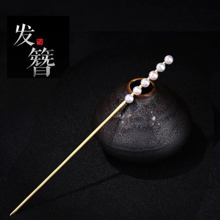 中国民族风一字发簪女镀银古风汉服盘发头饰复古仿珍珠发钗发饰