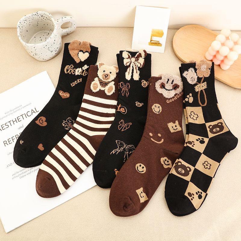 Socks, autumn and winter, coffee color, ins, little bear feathers, ladies' net red middle tube, cute three-dimensional_voghion.com