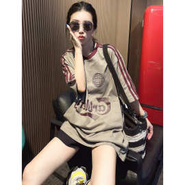 时尚复古夏季宽松圆领中长款短袖T恤女百搭休闲上衣ins潮CX6116