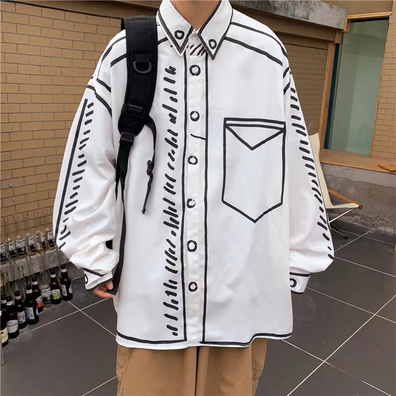 2023 Hand-Painted Graffiti Long-Sleeved Shirt Men's Spring and Autum Large Size Loose Top Hong Kong Style Shirt Jacket Trendyy Hong Kong Style
