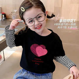 可爱时髦假两件长袖t恤女童春秋儿童卫衣打底衫宝宝洋气含棉上衣