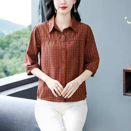 品牌纯棉衬衫女2025新款气质优雅中年妈妈装时尚格子显瘦翻领小衫