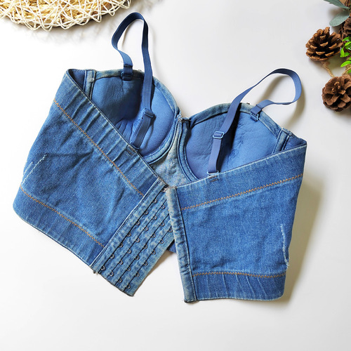 European and American denim camisole for beauties with back exposed and navel-free underwear to wear fishbone top versatile nightclub disco tube top