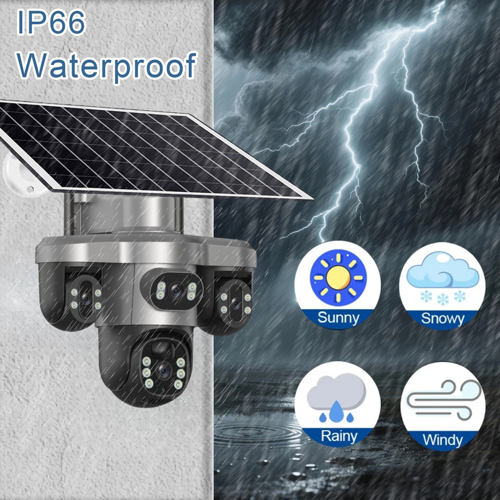 三摄像头三镜头三目太阳能监控摄像头三云台旋转4G低功耗防水无