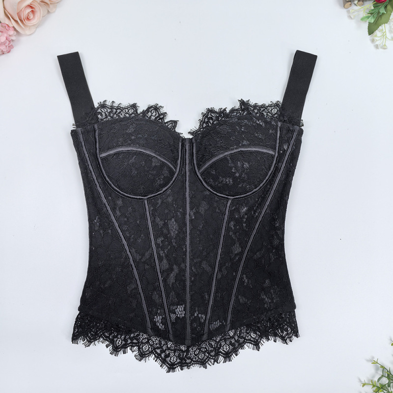 Cross-Border Hot-Selling European and American Hot Girl Lace Suspender Bra Jacquard Temperament Knitted Tight Top with Fishbone Bra