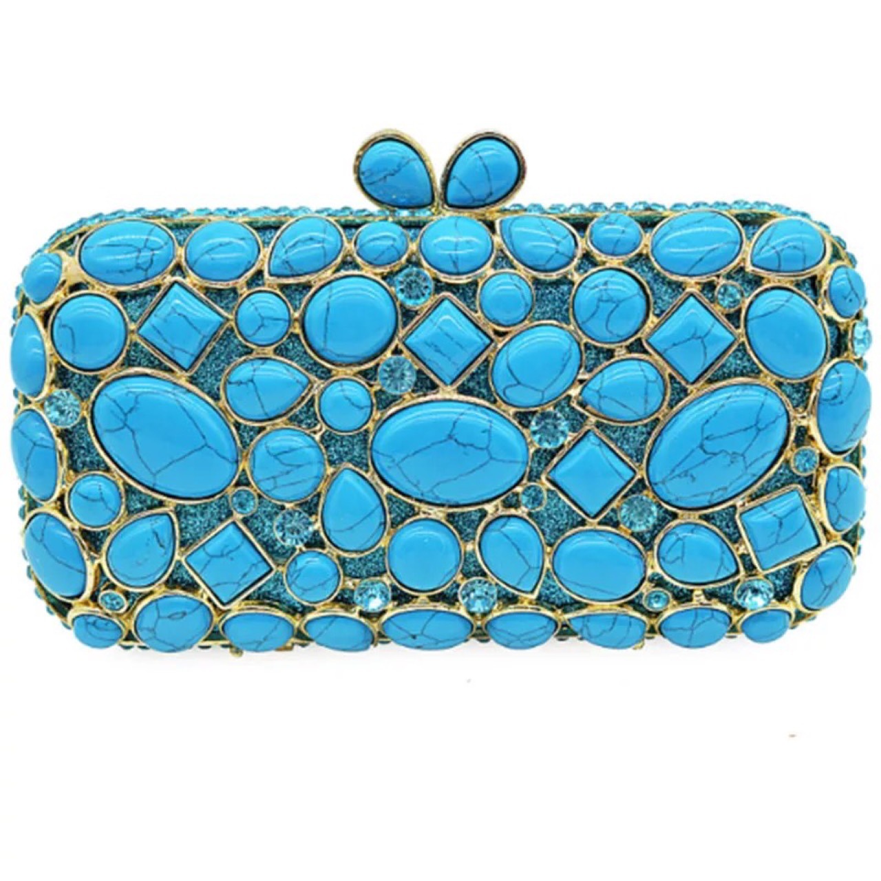 Túi clutch dạ tiệc đính đá rhinestone mã não màu ngọc lam — Màu vàng chi tiết 3