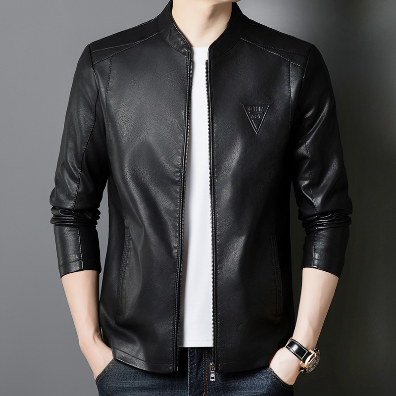 Spring 2025 High-end Leather Men's Vertical Collar Handsome Motorcycle PU Leather Jacket Coat plus size Casual Fashion All-match